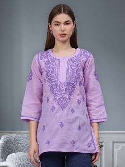 Seva Chikan - Hand Embroidered Mauve Cotton Lucknowi Chikankari Kurti