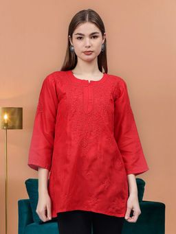 Seva Chikan - Hand Embroidered Red Cotton Lucknowi Chikankari Kurti