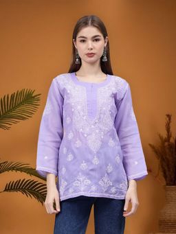 Seva Chikan - Hand Embroidered Mauve Terivoil Cotton Lucknowi Chikankari Kurti