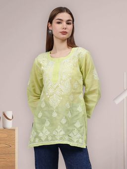 Seva Chikan - Hand Embroidered Light Green Terivoil Cotton Lucknowi Chikankari Kurti