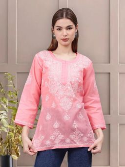 Seva Chikan - Hand Embroidered Peach Terivoil Cotton Lucknowi Chikankari Kurti