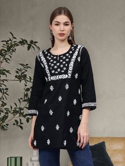 Seva Chikan - Hand Embroidered Black Cotton Lucknowi Chikankari Kurti