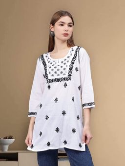 Seva Chikan - Hand Embroidered White Cotton Lucknowi Chikankari Kurti