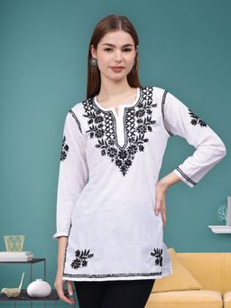 Seva Chikan - Hand Embroidered White Cotton Lucknowi Chikankari Kurti