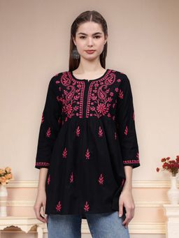 Seva Chikan - Hand Embroidered Black Cotton Lucknowi Chikankari Kurti