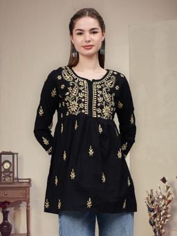 Seva Chikan - Hand Embroidered Black Cotton Lucknowi Chikankari Kurti