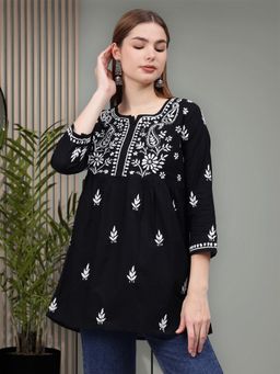 Seva Chikan - Hand Embroidered Black Cotton Lucknowi Chikankari Kurti