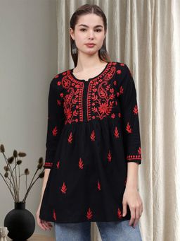 Seva Chikan - Hand Embroidered Black Cotton Lucknowi Chikankari Kurti