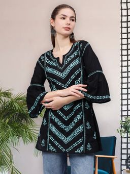 Seva Chikan - Hand Embroidered Black Cotton Lucknowi Chikankari Kurti
