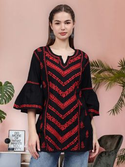 Seva Chikan - Hand Embroidered Black Cotton Lucknowi Chikankari Kurti