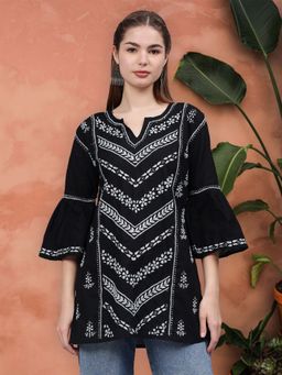 Seva Chikan - Hand Embroidered Black Cotton Lucknowi Chikankari Kurti