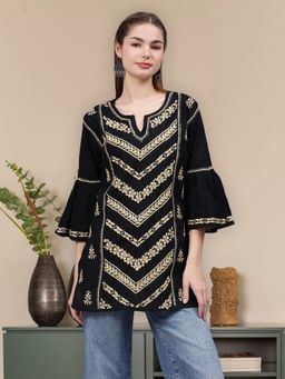 Seva Chikan - Hand Embroidered Black Cotton Lucknowi Chikankari Kurti