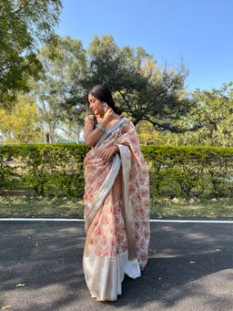 Odette - Peach Organza Embroidered Saree with Unstitched Blouse