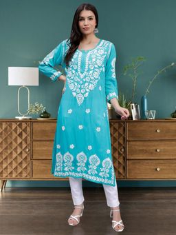 Seva Chikan - Hand Embroidered Turquoise Green Modal Lucknowi Chikankari Kurta