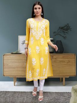 Seva Chikan - Hand Embroidered Yellow Modal Lucknowi Chikankari Kurta