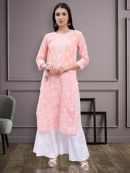 Seva Chikan - Hand Embroidered Peach Terivoil Cotton Lucknowi Chikankari Kurta