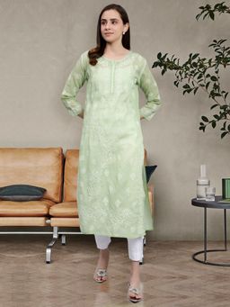 Seva Chikan - Hand Embroidered Green Terivoil Cotton Lucknowi Chikankari Kurta