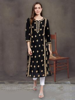 Seva Chikan - Hand Embroidered Black Cotton Lucknowi Chikankari Kurta