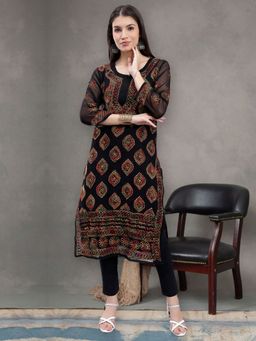Seva Chikan - Hand Embroidered Black Georgette Lucknowi Chikankari Kurta with Inner (Set of 2)