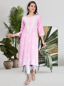 Seva Chikan - Hand Embroidered Pink Rayon Lucknowi Chikankari Kurta