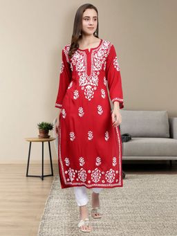 Seva Chikan - Hand Embroidered Maroon Rayon Lucknowi Chikankari Kurta
