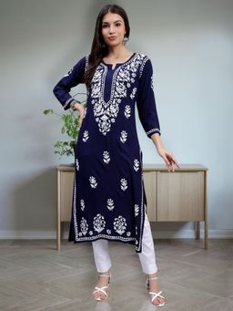 Seva Chikan - Hand Embroidered Navy Blue Rayon Lucknowi Chikankari Kurta