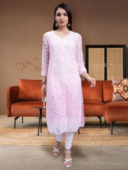 Seva Chikan - Hand Embroidered Pink Georgette Lucknowi Chikankari Kurta with Inner (Set of 2)