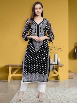Seva Chikan - Hand Embroidered Black Georgette Lucknowi Chikankari Kurta with Inner (Set of 2)