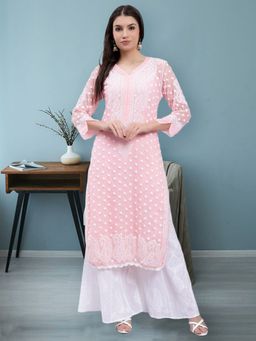 Seva Chikan - Hand Embroidered Peach Georgette Lucknowi Chikankari Kurta with Inner (Set of 2)
