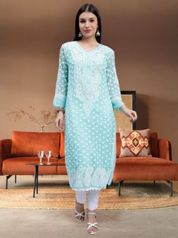 Seva Chikan - Hand Embroidered Sea Green Georgette Lucknowi Chikankari Kurta & Inner (Set of 2)