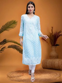 Seva Chikan - Hand Embroidered Sky Blue Georgette Lucknowi Chikankari Kurta & Inner (Set of 2)