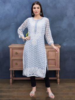 Seva Chikan - Hand Embroidered Grey Georgette Lucknowi Chikankari Kurta with Inner (Set of 2)