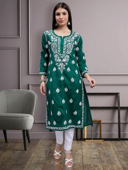 Seva Chikan - Hand Embroidered Dark Green Cotton Lucknowi Chikankari Kurta
