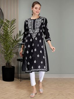 Seva Chikan - Hand Embroidered Black Cotton Lucknowi Chikankari Kurta