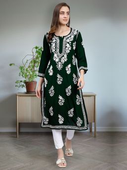 Seva Chikan - Hand Embroidered Dark Green Rayon Lucknowi Chikankari Kurta