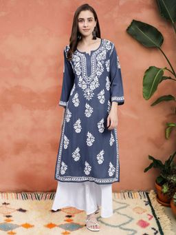 Seva Chikan - Hand Embroidered Grey Rayon Lucknowi Chikankari Kurta