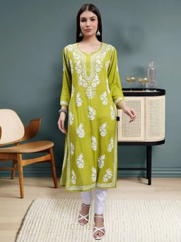 Seva Chikan - Hand Embroidered Mehndi Green Rayon Lucknowi Chikankari Kurta