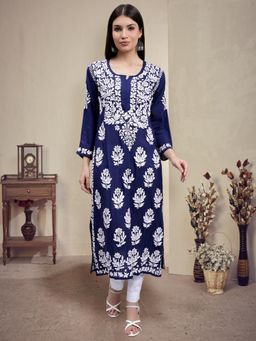 Seva Chikan - Hand Embroidered Navy Blue Modal Lucknowi Chikankari Kurta