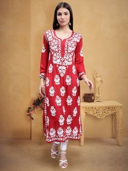Seva Chikan - Hand Embroidered Maroon Modal Lucknowi Chikankari Kurta