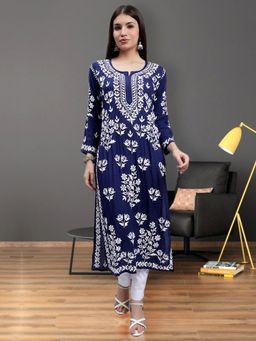 Seva Chikan - Hand Embroidered Navy Blue Modal Lucknowi Chikankari Kurta