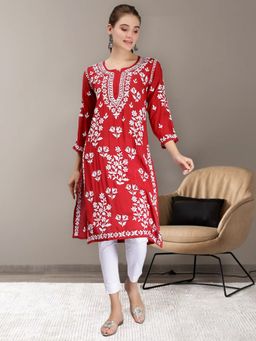 Seva Chikan - Hand Embroidered Maroon Modal Lucknowi Chikankari Kurta