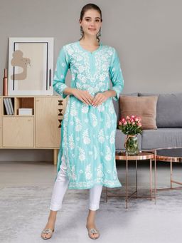 Seva Chikan - Hand Embroidered Sea Green Cotton Lucknowi Chikankari Kurta