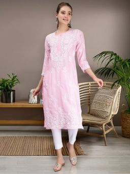 Seva Chikan - Hand Embroidered Pink Cotton Lucknowi Chikankari Kurta