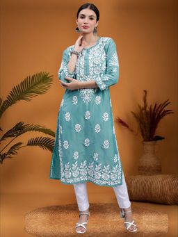 Seva Chikan - Hand Embroidered Bottle Green Cotton Lucknowi Chikankari Kurta
