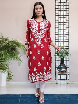 Seva Chikan - Hand Embroidered Maroon Cotton Lucknowi Chikankari Kurta