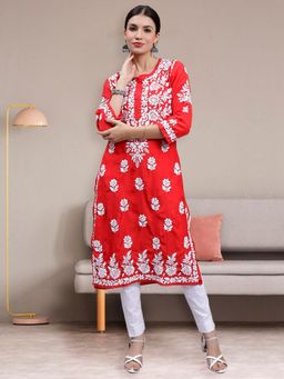 Seva Chikan - Hand Embroidered Red Cotton Lucknowi Chikankari Kurta