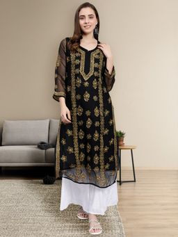 Seva Chikan - Hand Embroidered Black Georgette Lucknowi Chikankari Kurta with Inner (Set of 2)