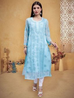 Seva Chikan - Hand Embroidered Blue Georgette Lucknowi Chikankari Kurta with Inner (Set of 2)