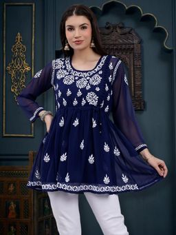Seva Chikan - Embroidered Navy Blue Georgette Lucknowi Chikankari Kurti with Slip (Set of 2)