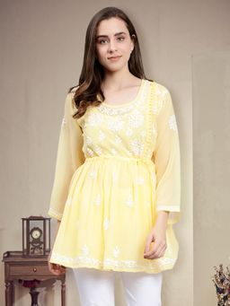 Seva Chikan - Hand Embroidered Yellow Georgette Lucknowi Chikankari Kurti with Slip (Set of 2)